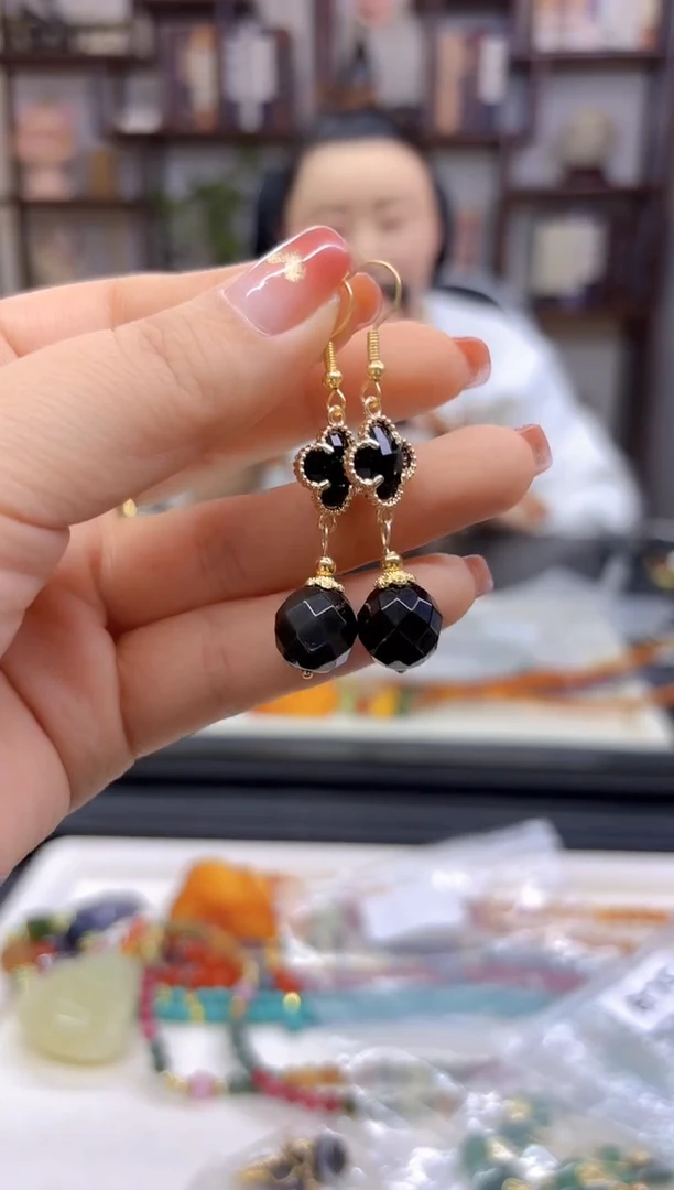 【闪购商品】黑曜岩耳坠14K金镶嵌E575