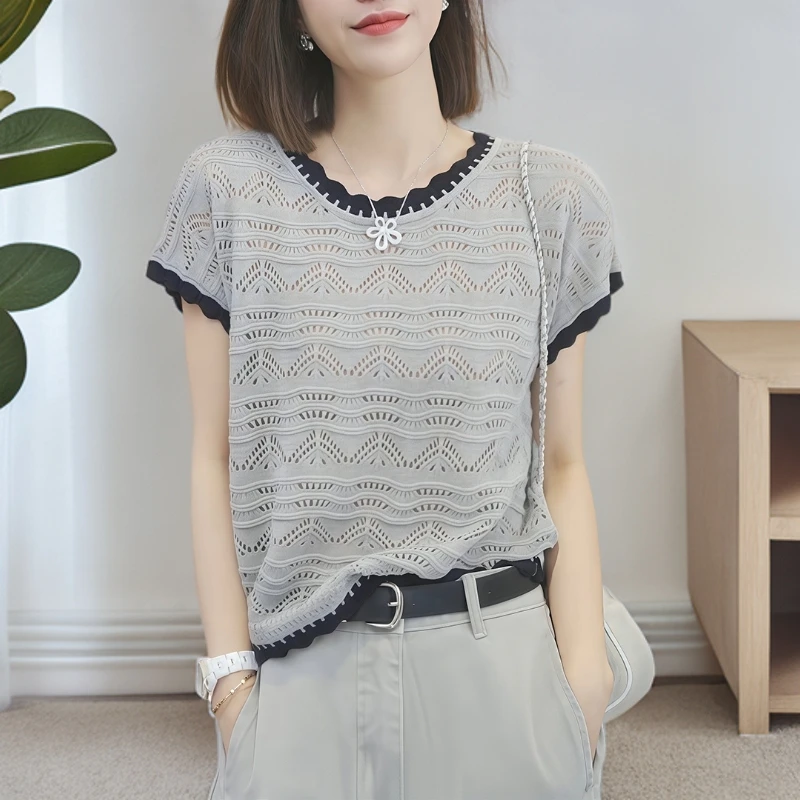 镂空薄款针织短袖T恤女装夏季新款大码显瘦独特漂亮减龄气质上衣