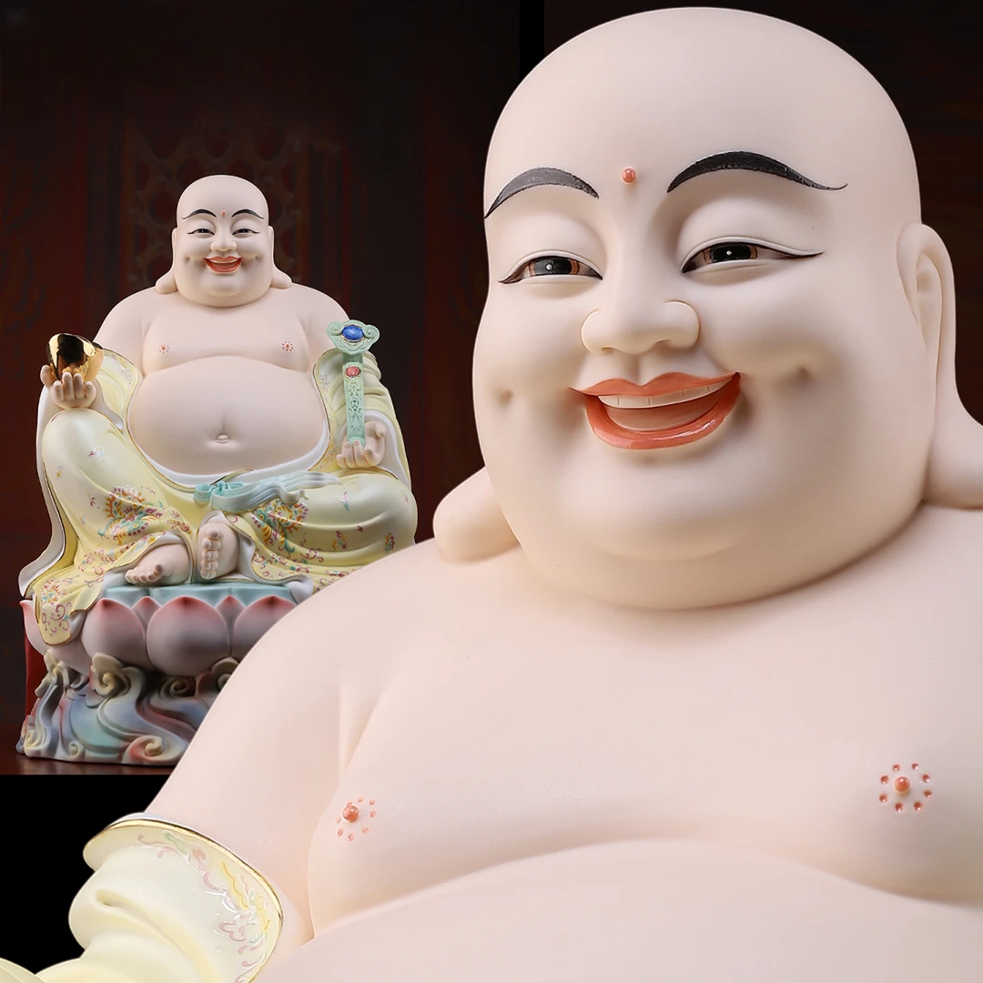 七珍德化陶瓷18英寸弥勒像精工彩绘家用大肚弥勒黄韵彩摆件工艺品