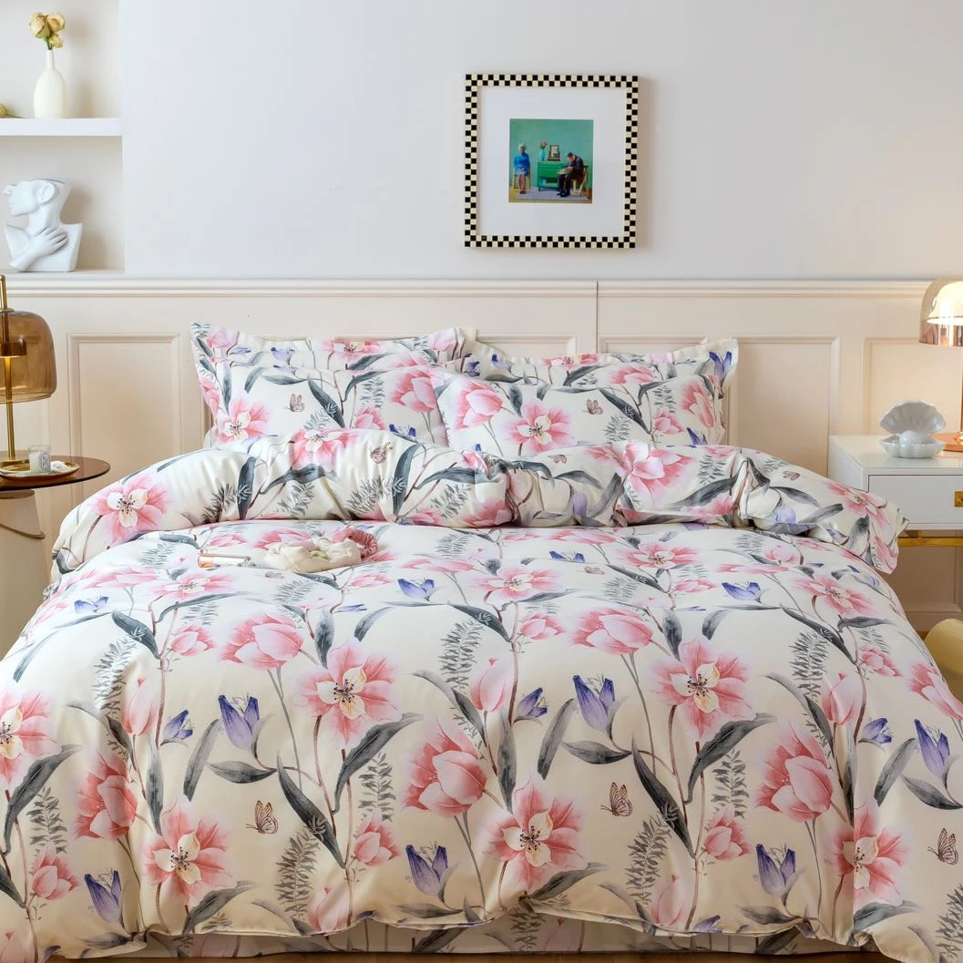 高支高密精梳斜纹面料双人床单【山茶花开】230*230（±5）