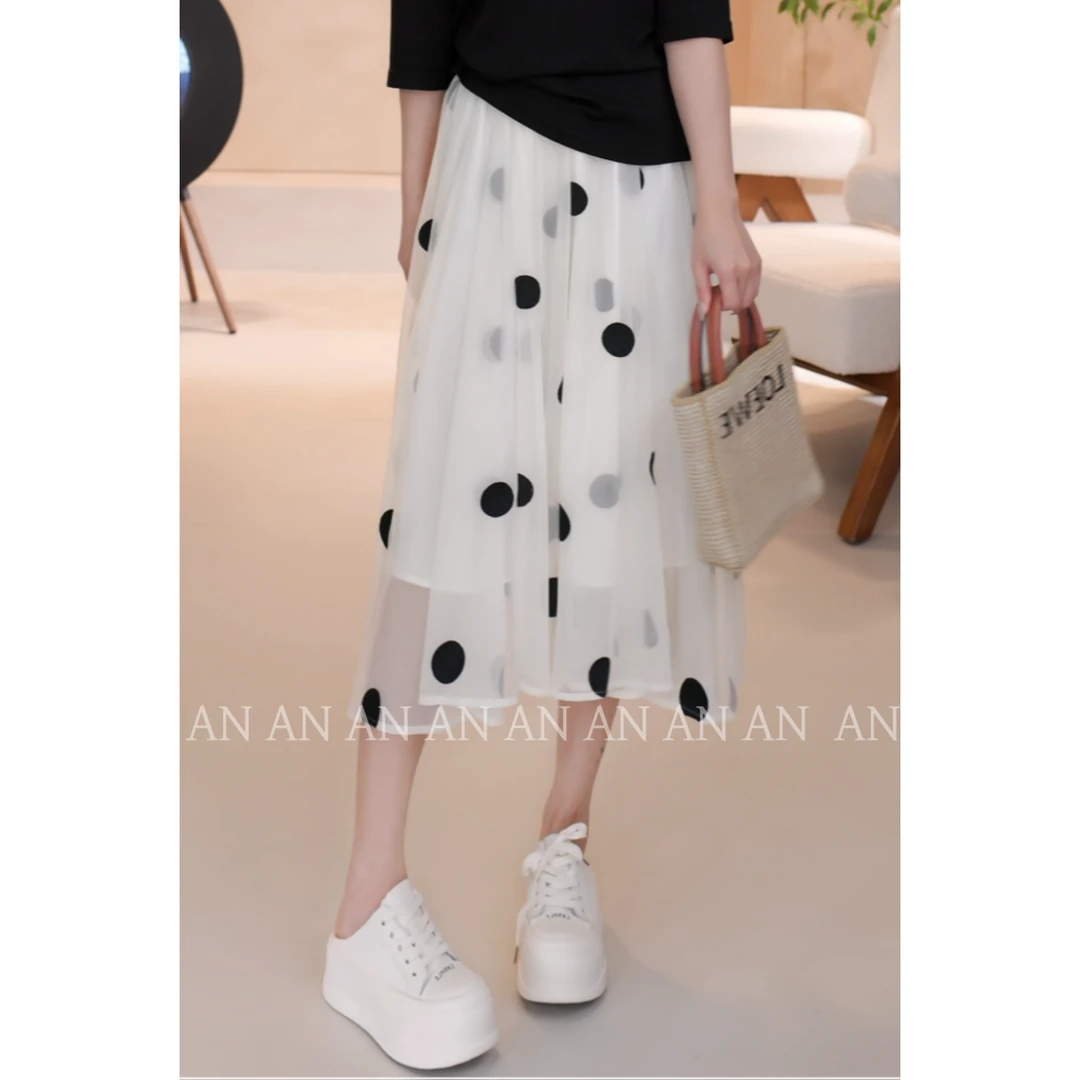 C03215法式气质减龄温柔风刺绣波点网纱A字半身裙