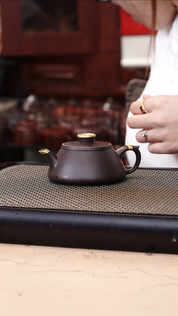 茶壶紫砂四号井茄皮紫泥描金钱币钮飞把石瓢160cc