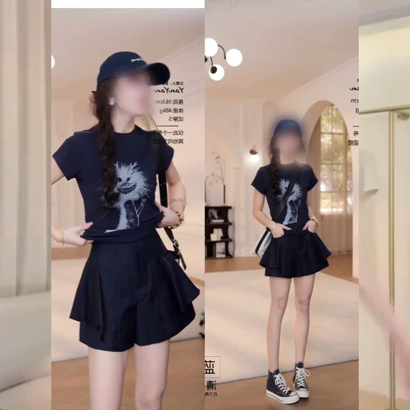 洋气衣服2025夏季新款卡通抽象小龙短袖T恤显瘦裙裤气质套装