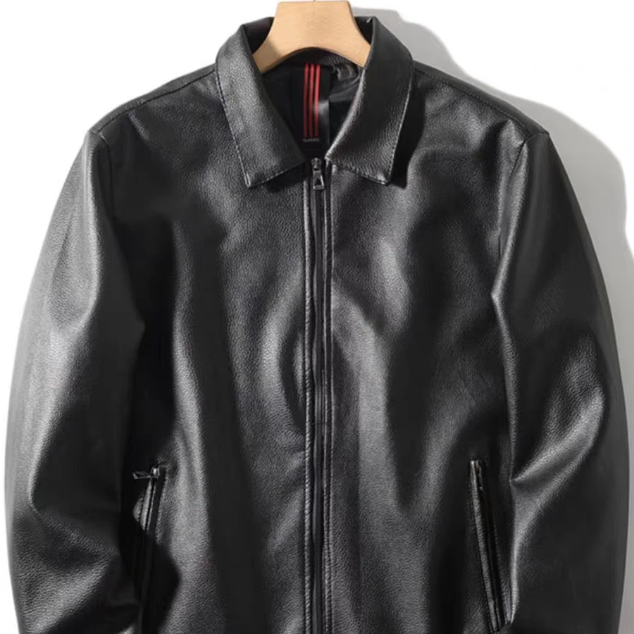 H41男春秋季修身机车服中青年夹克外套简约休闲翻领皮衣