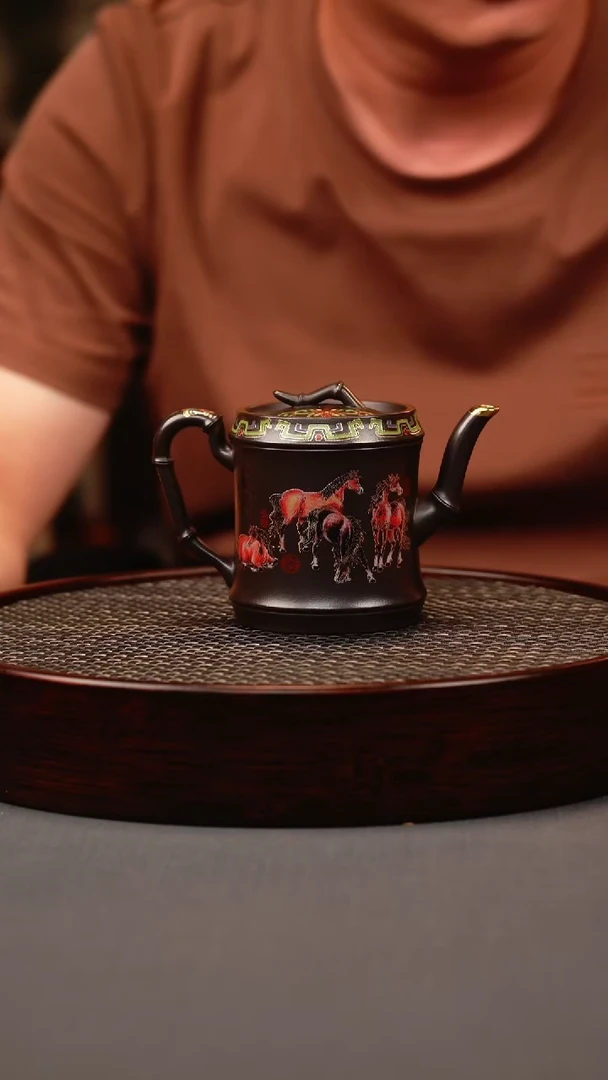 茶壶紫砂石黄 竹节 八骏珐琅彩