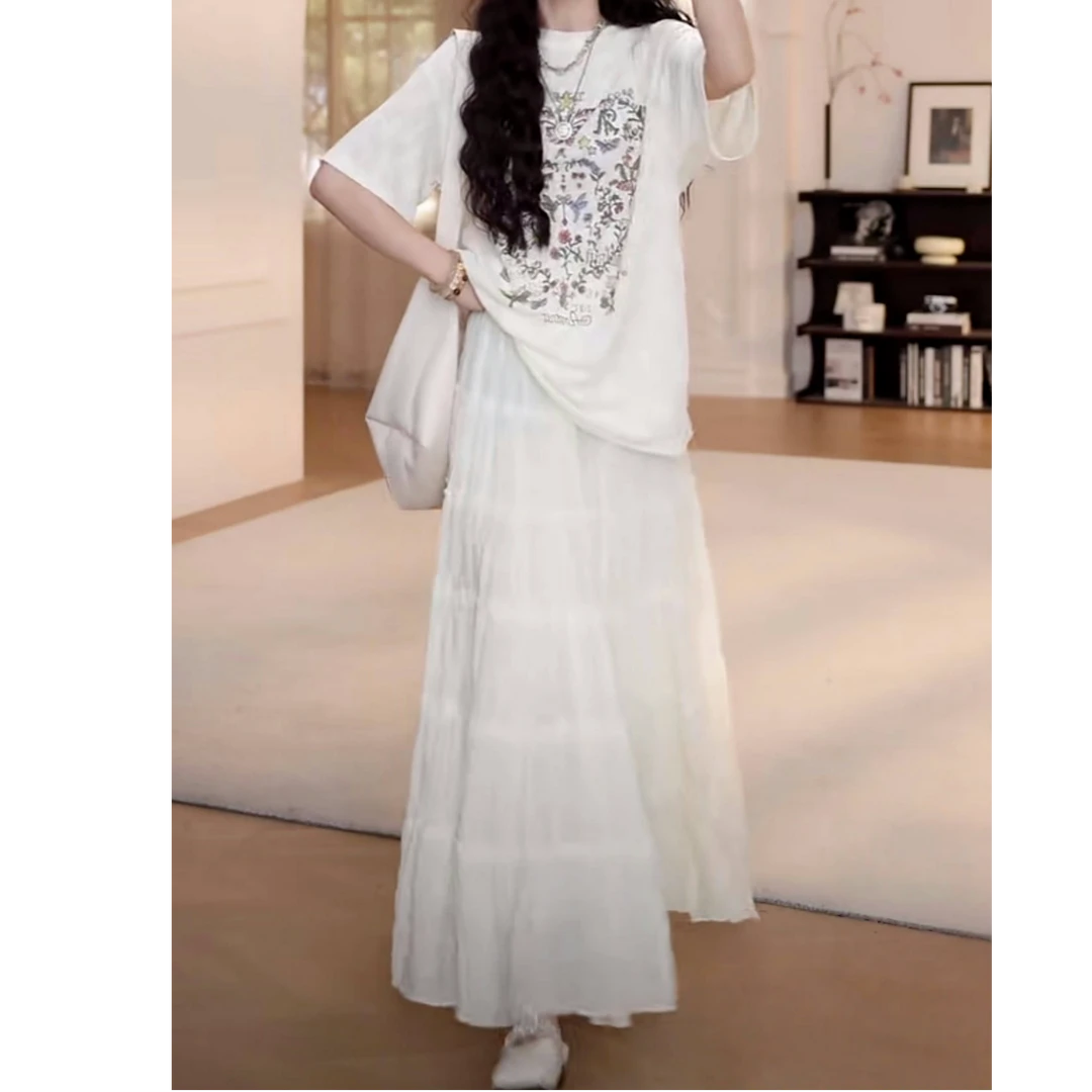 韩版松紧腰网纱蛋糕半身裙+百搭花丛蕾丝提花短袖T恤女夏季两件套