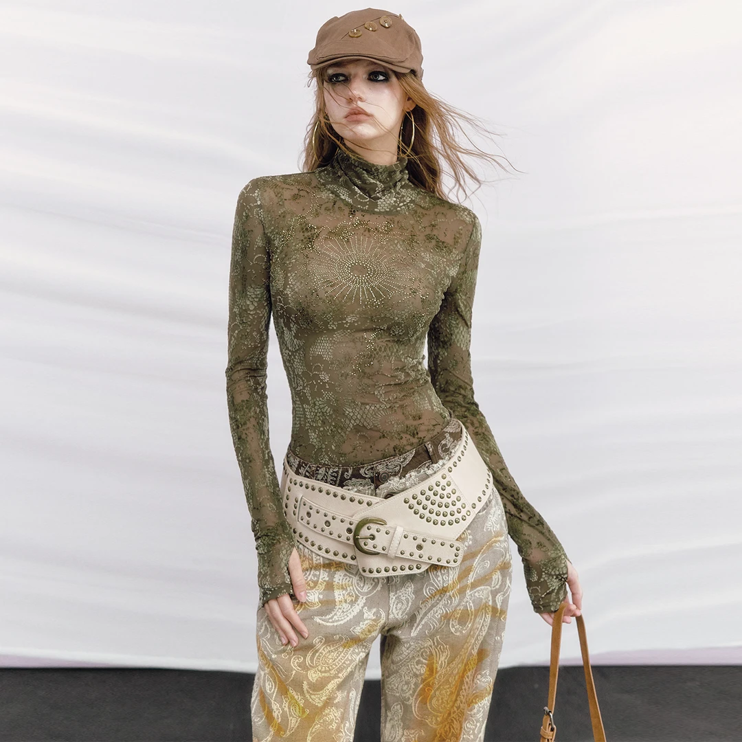 OfAkiva“曼陀罗”辣妹原创烫钻丝绒提花显瘦高领长袖T恤打底衫