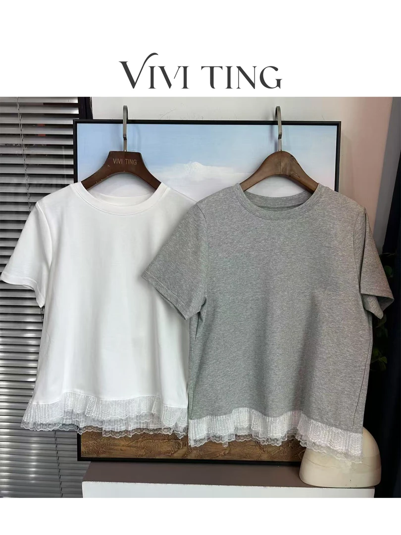 【VIVI·TING】婷姐推荐春装休闲百搭设计双层下蕾丝拼接短袖T恤s118