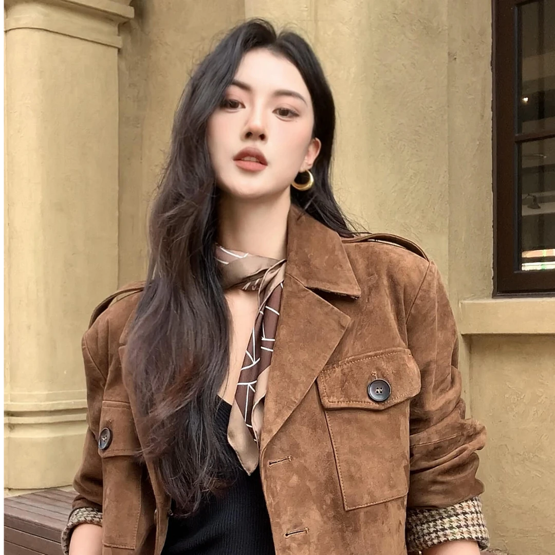 【运补5-8】早秋女装2025新款小个子棕色翻领工装夹克外套女BD537