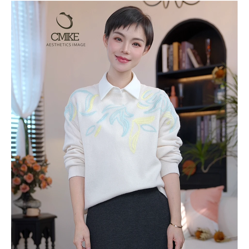 【蜜客原创】秋冬气质百搭宽松减龄绣花圆领羊毛毛衫2404M000194