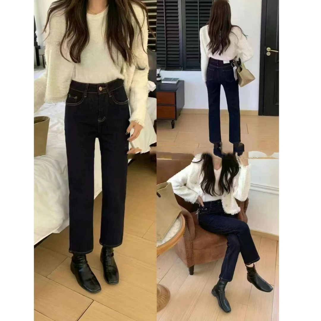 （柚子同款）AL秋冬款娃娃绒高腰牛仔直筒裤8111
