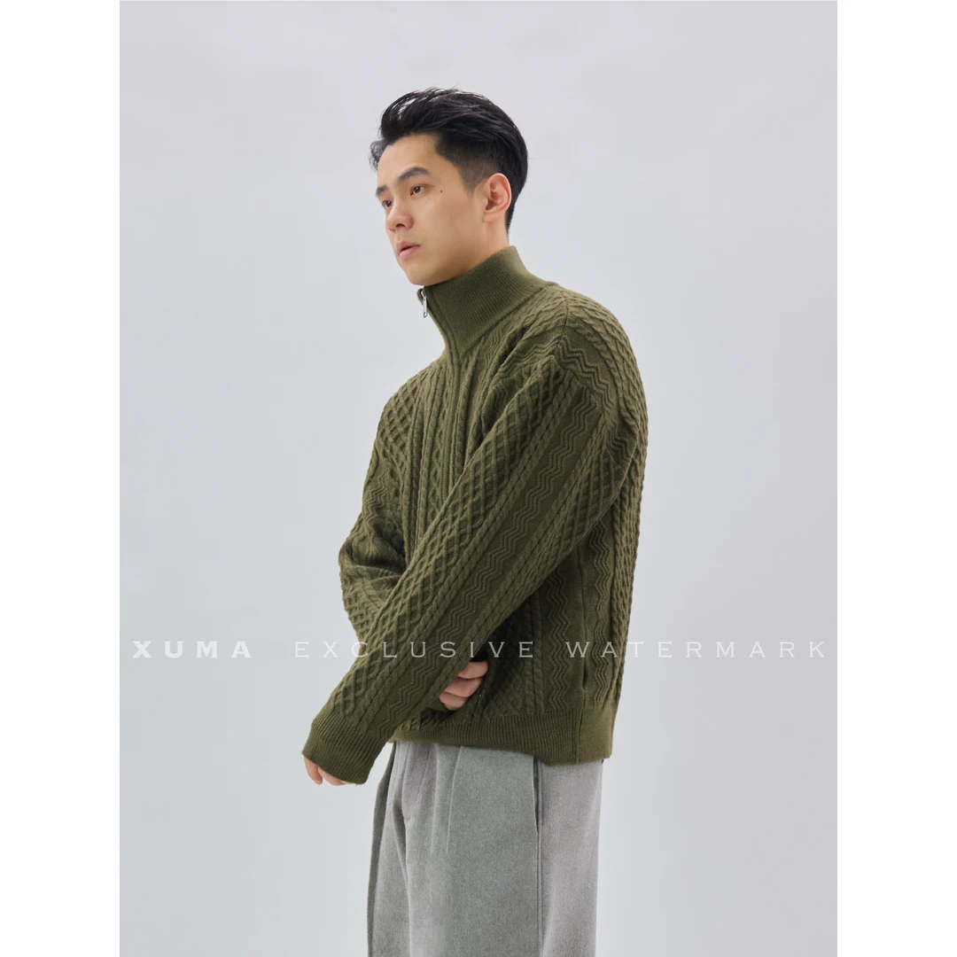 XUMA 25F/W【花砂炒色】800g复古砂感绞花半门襟宽松高领卫衣毛衣