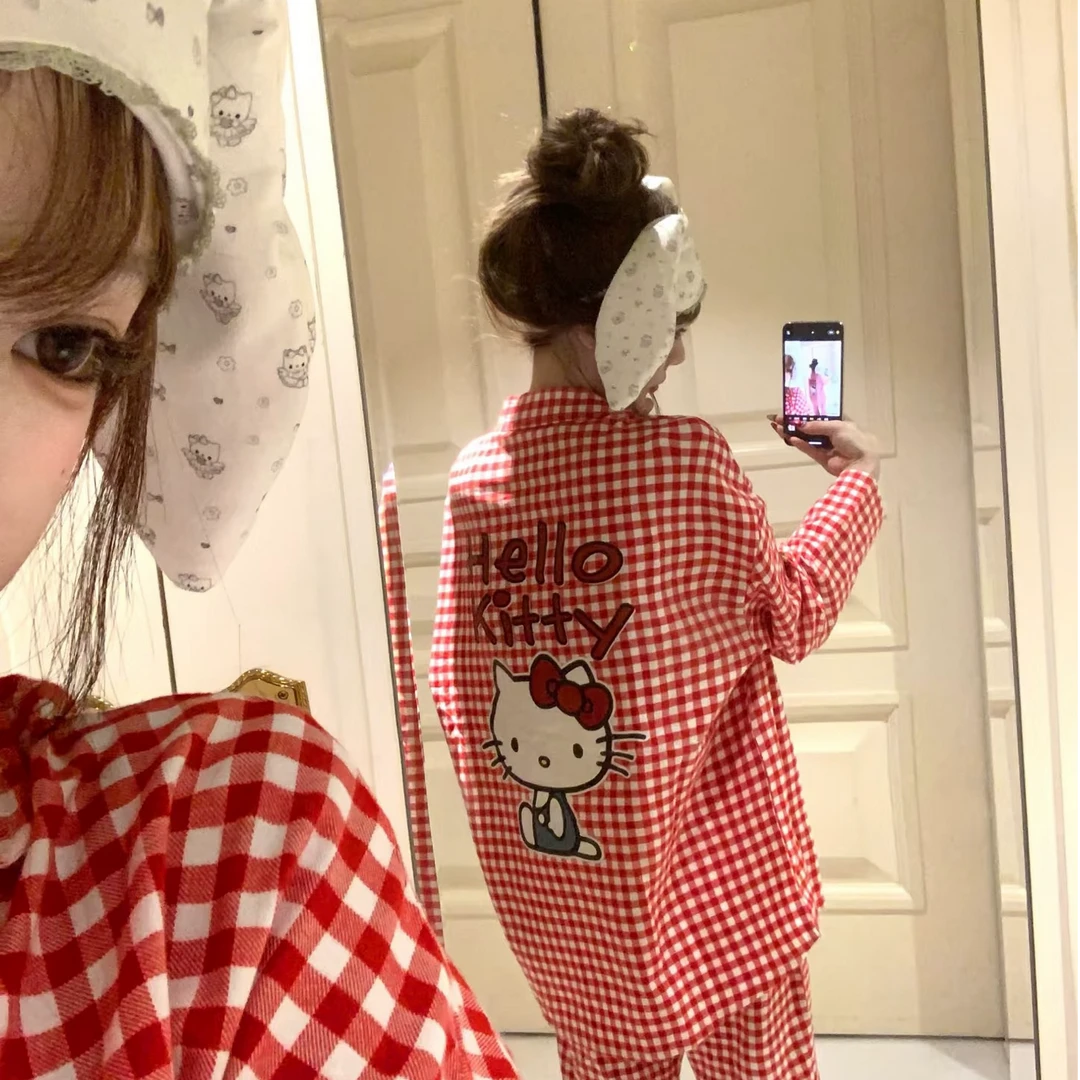 少女可爱HelloKitty睡衣女款2025春秋款新宽松舒适大码家居服套装