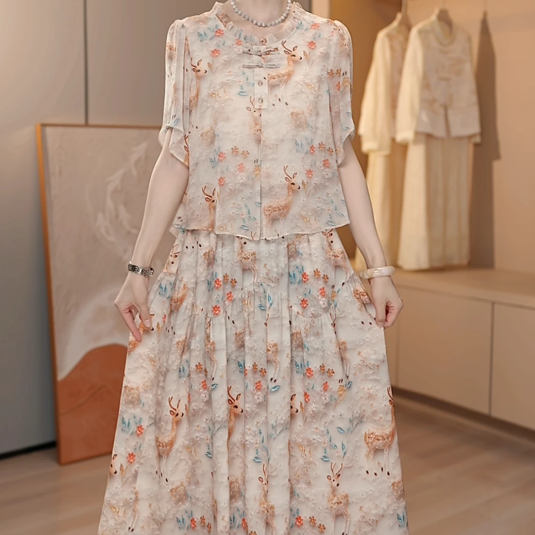 裙角秀/A252#小鹿碎花国风夏季新款假两件连衣裙印花中长款时尚