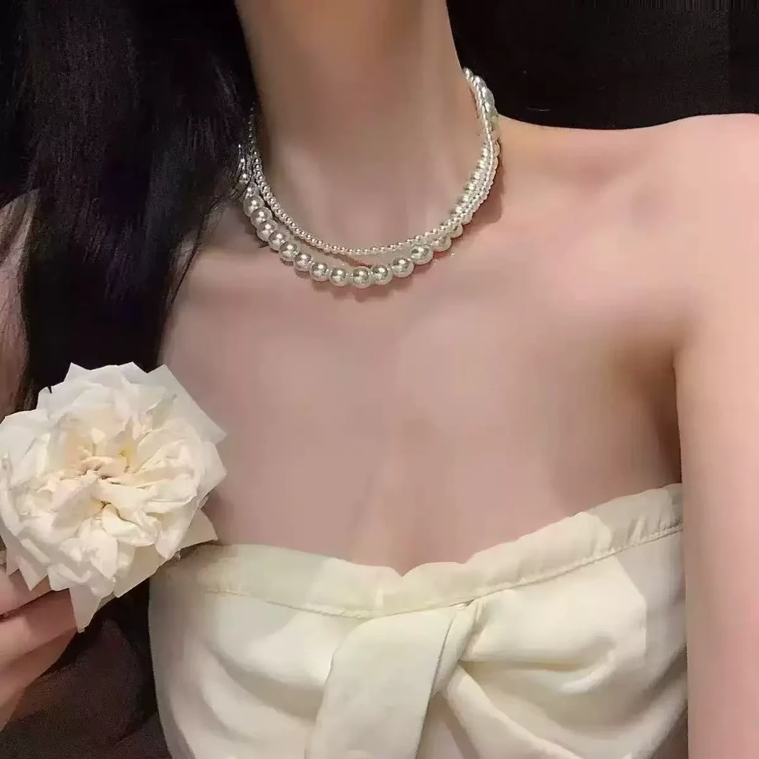 非金属仿珍珠项链 法式双层叠戴项链 2213