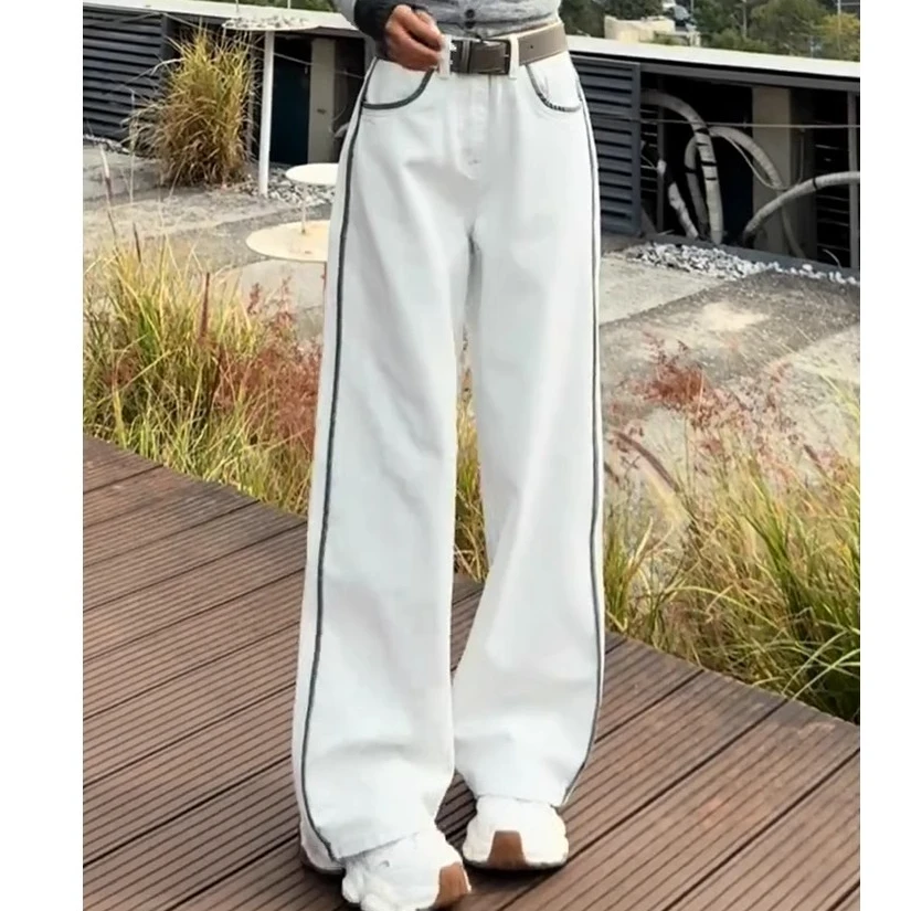 2025早秋拼接撞色设计牛仔裤女大码时尚潮流小众高腰显瘦直筒裤