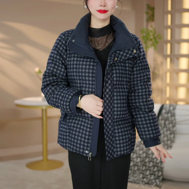 格子羽绒服女冬2025年新款时尚加厚宽松休闲白鸭绒外套