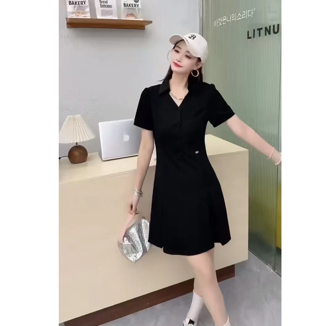 2025新款收腰显瘦连衣裙小众设计感韩系Polo领百褶短裙子HJ-2129