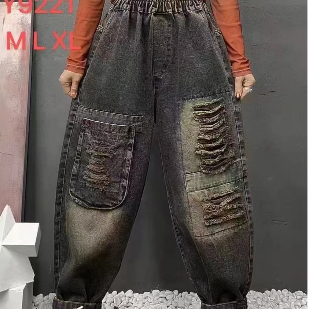 秋季欧货假破洞老爹牛仔裤