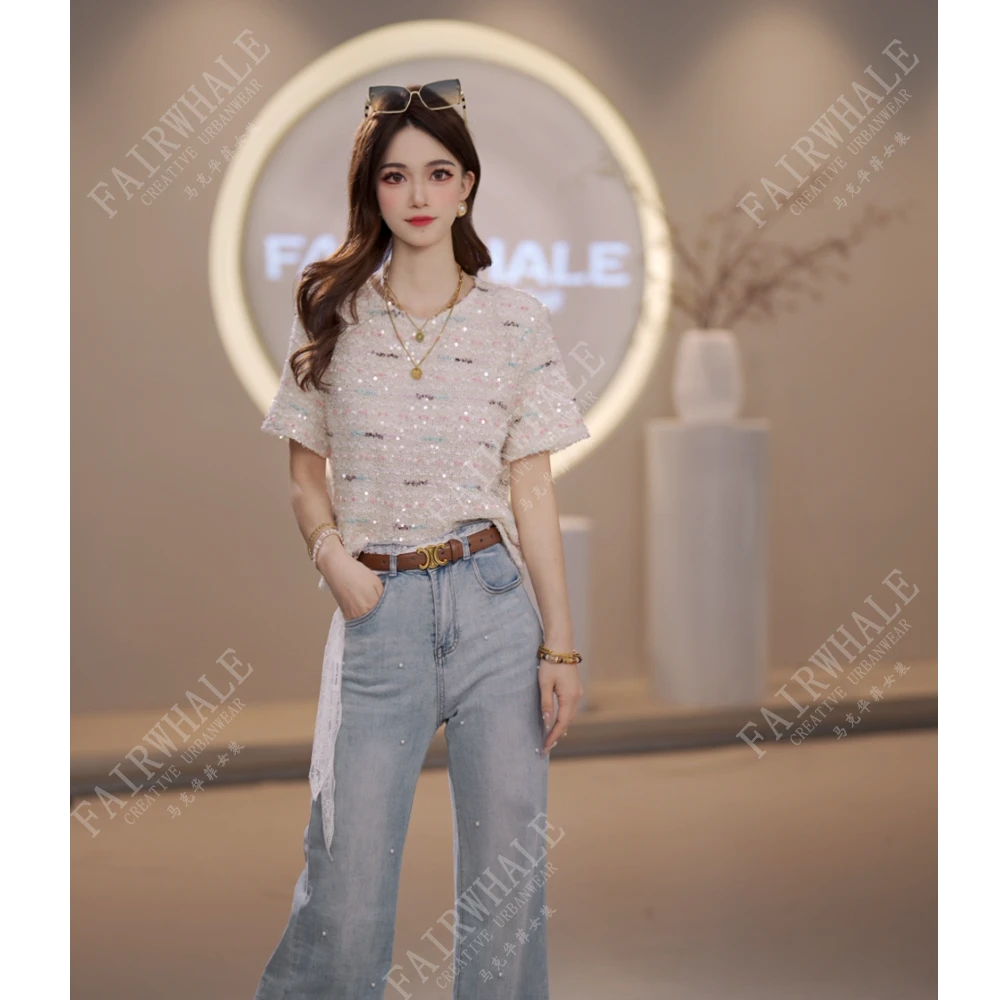 马克华菲女装夏季2025新品重工亮片亲肤小香重工短款T恤上衣百搭