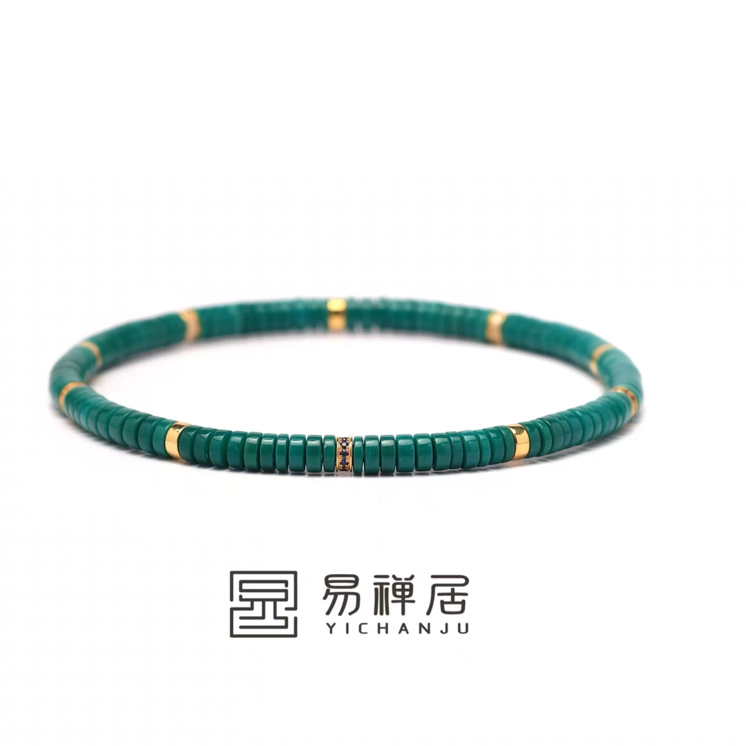 易禅居出品-原矿绿松石老油绿金钻直切手串