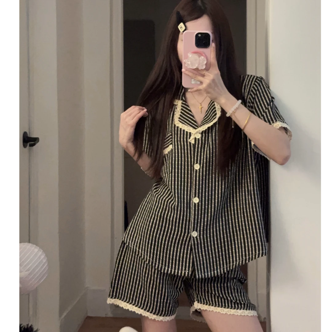 韩系睡衣女夏季棉质短袖短裤套装2025新款可外穿条纹春夏款家居服