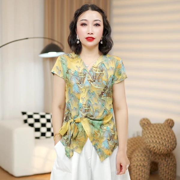 夏季新款气质山水画色时尚系带收腰轻薄透气T恤洋气百搭显瘦上衣