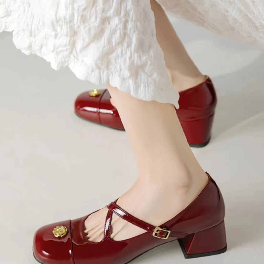 山茶花系列小香风女鞋高跟单鞋双扣女鞋F030