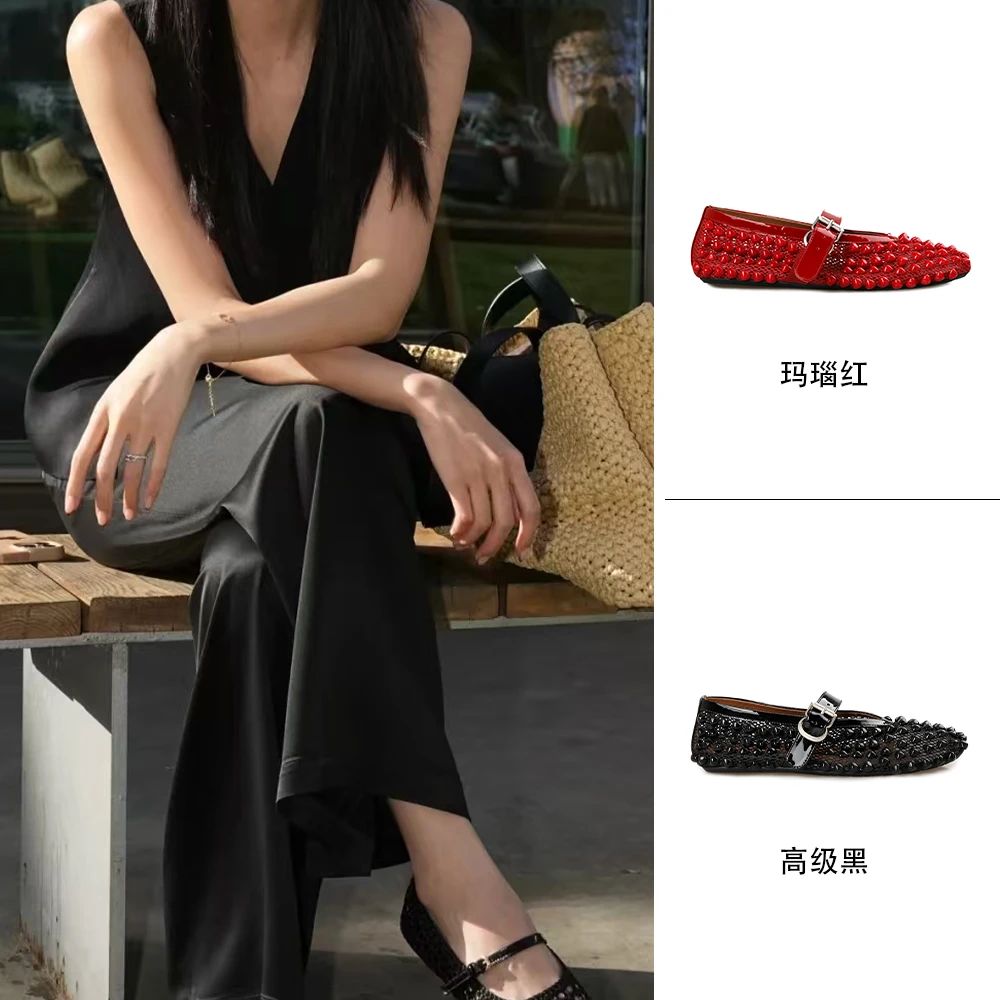 MY WANTS25新款爆款网面玛丽珍鞋浅口一字带柳钉平底单鞋MK203800