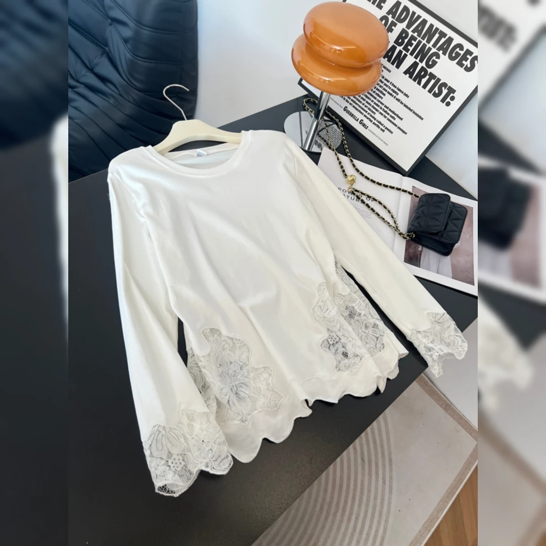大码女装2025早秋新款胖MM洋气时髦宽松镂空钩花圆领棉质长袖T恤