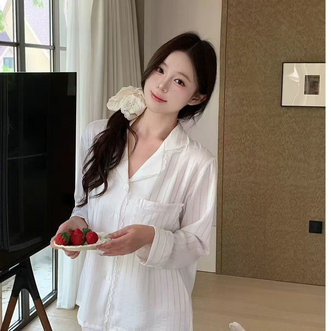 秋季冰丝长袖条纹蕾丝花边家居服套装透气舒适