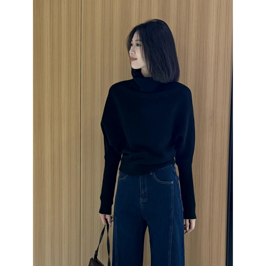 法式半高领黑色套头堆堆领毛衣女秋冬季加厚慵懒风内搭针织衫上衣