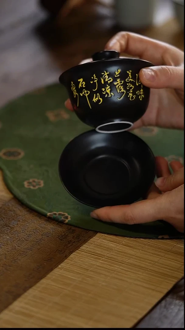 瓷景德镇陶瓷茶器书法三才盖碗