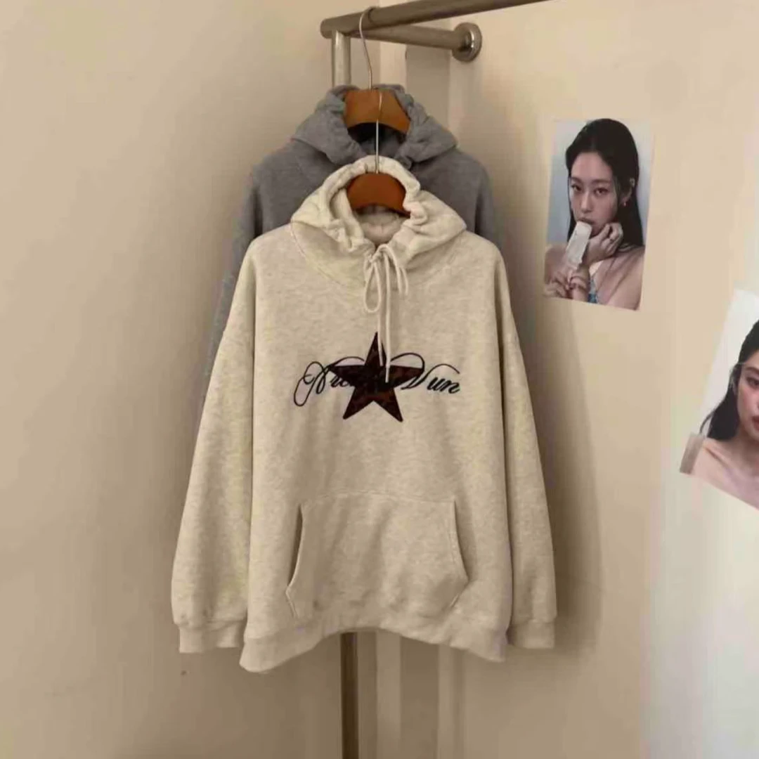 YD-韩系！刺绣五角星连帽卫衣25冬季新款加绒加厚休闲宽松卫衣女