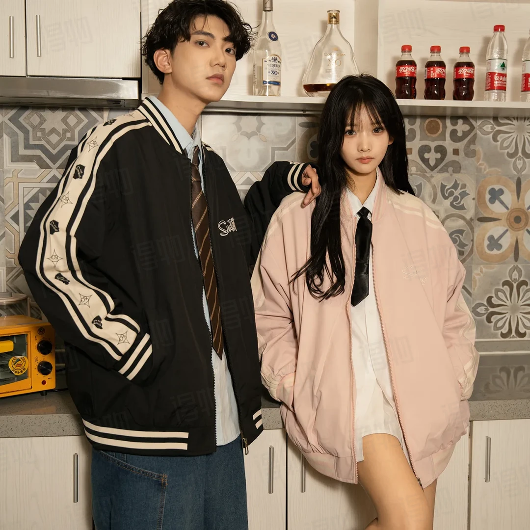 外套男女款星条纹秋冬季时尚宽松休闲潮流棒球领夹克