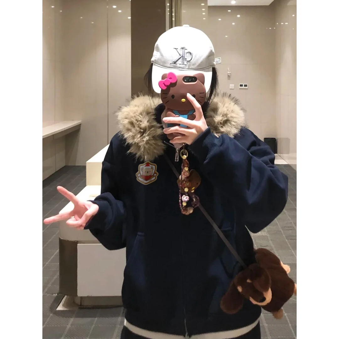 刺绣毛领开衫外套女新款秋冬装休闲连帽卫衣宽松慵懒风上衣