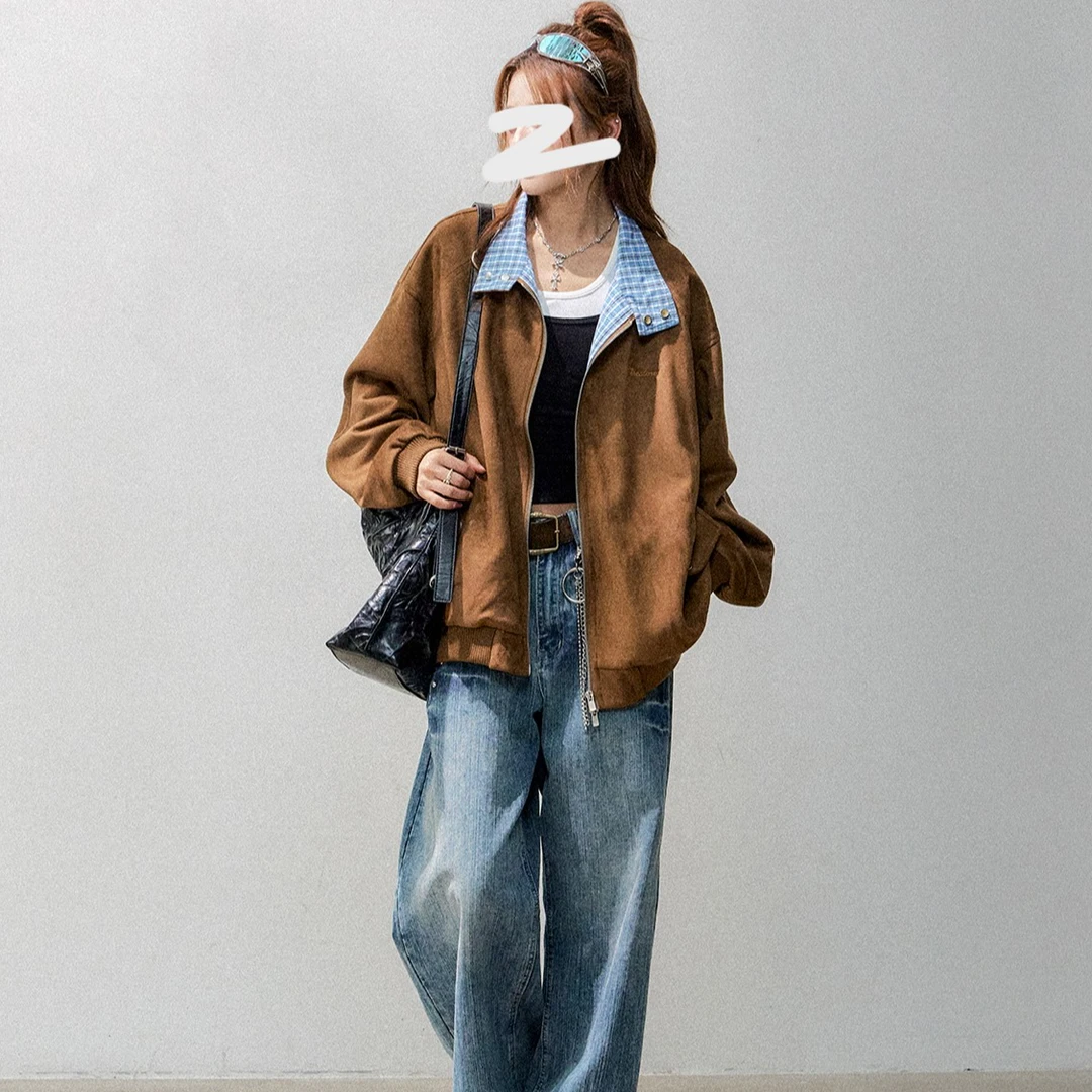 复古格子拼接咖色鹿皮绒外套女秋季高级感休闲宽松棒球服夹克上衣