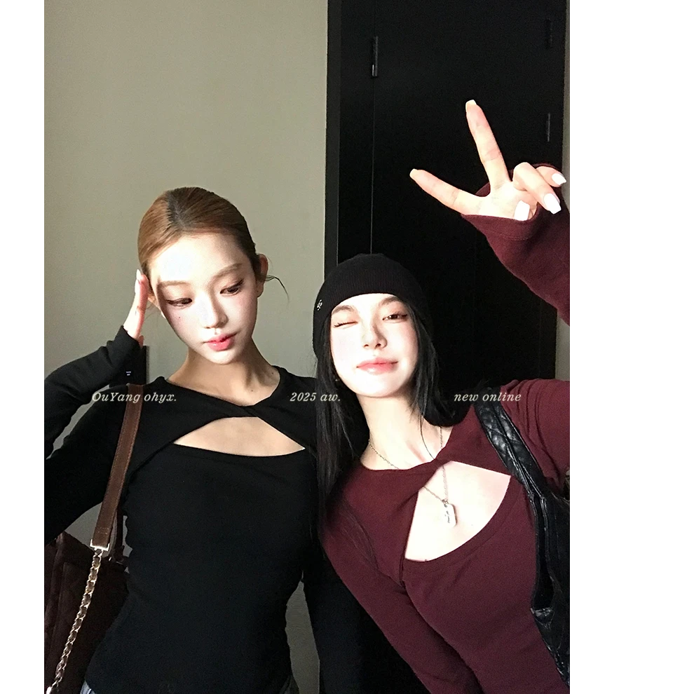 韩系纯欲风小心机打底衫升温加绒扭结镂空修身显瘦长袖T恤女上衣