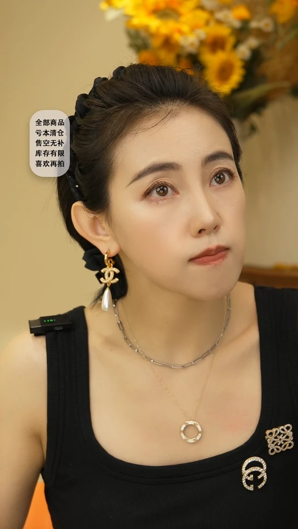 钛钢贝珠（仿珍珠）合金-双C-金色耳环