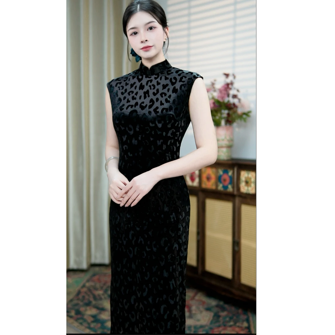 锦笙 |锦墨125cm新中式改良无袖丝绒拉链款修身显瘦早秋气质旗袍