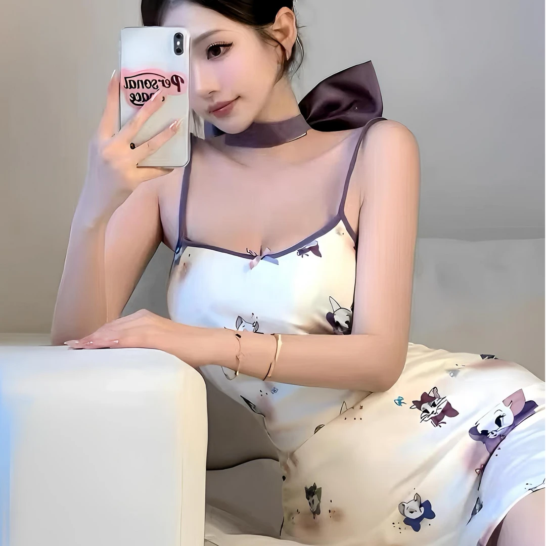 猫咪印花吊带睡裙女夏季无袖紧身短裙纯欲辣妹性感收腰包臀裙子
