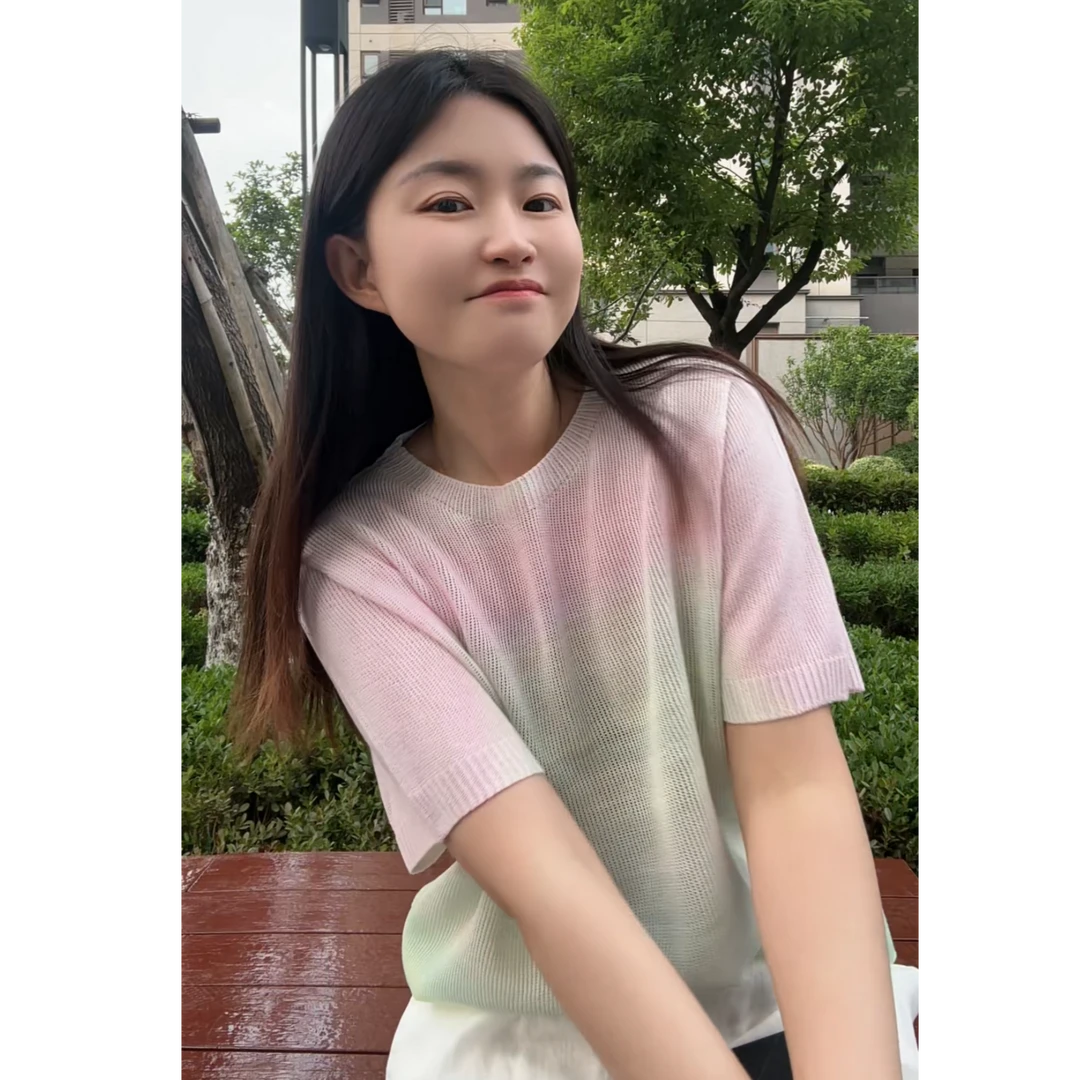 水墨晕染~和纸纱不规则渐变圆领短袖显瘦甜美温柔休闲上衣