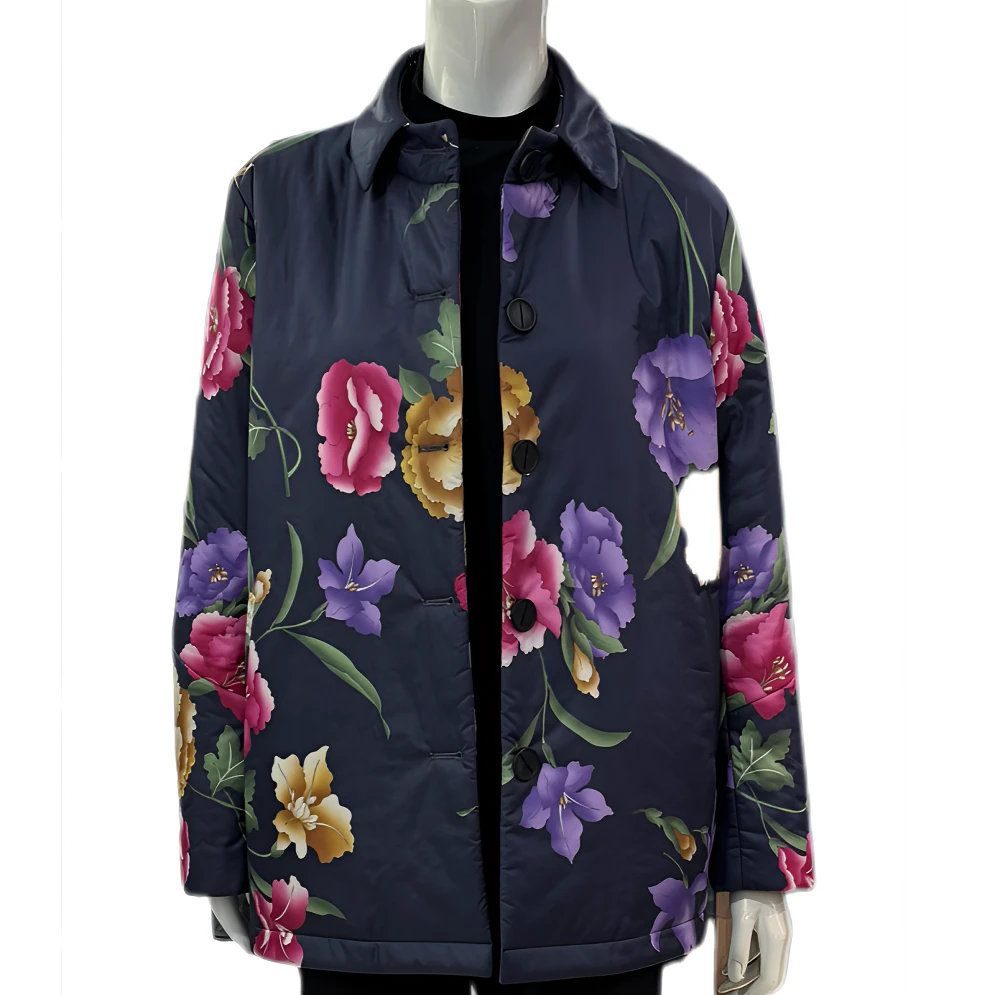 翻领短款印花棉风衣（靛青月季花）