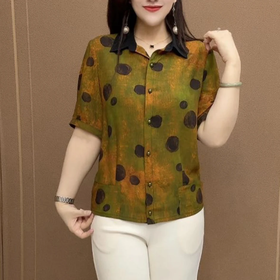 夏季时尚减龄休闲百搭显瘦翻领小衫气质女士百搭宽松潮流圆点衬衣