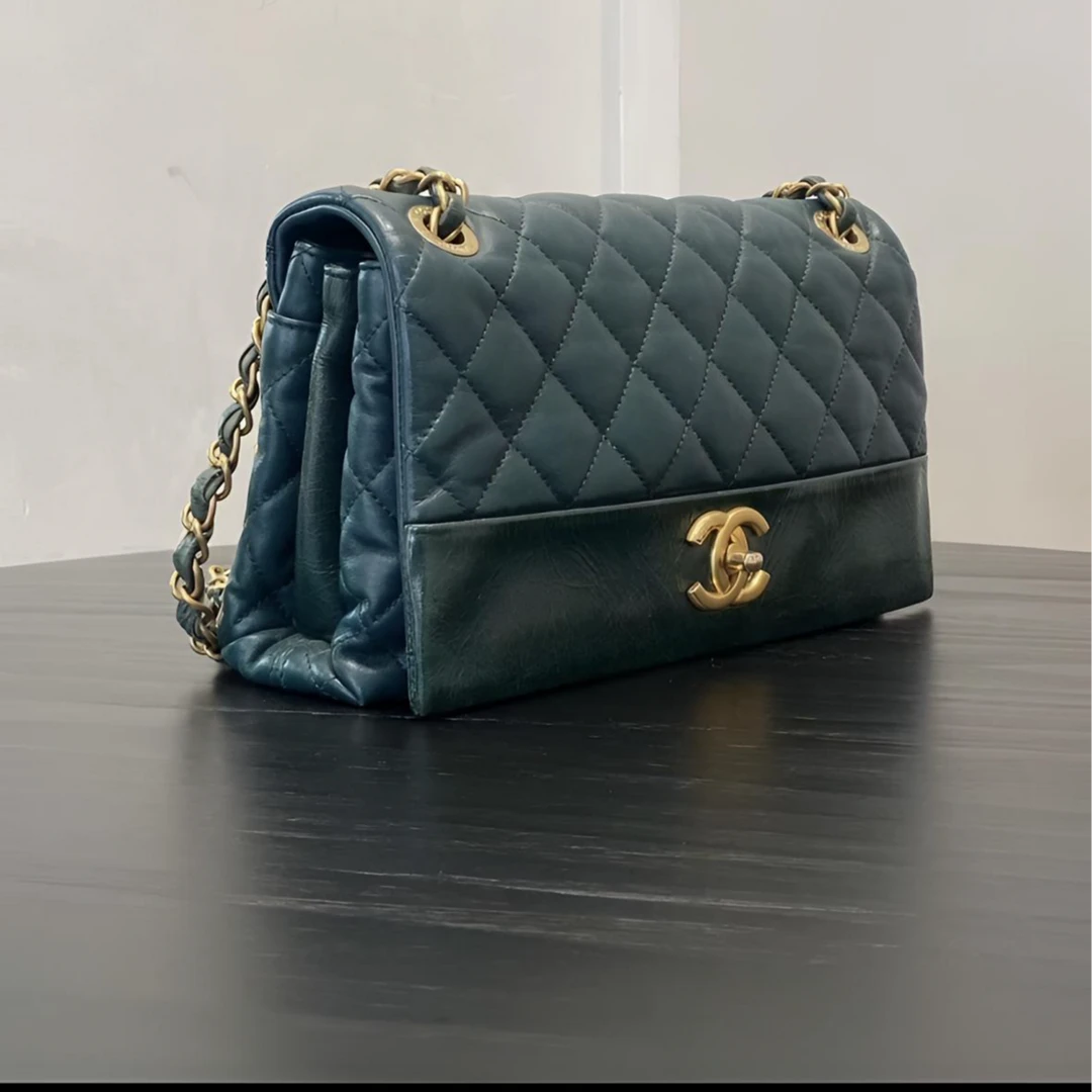 99新 Chanel/香奈儿 风琴链条包 墨绿金