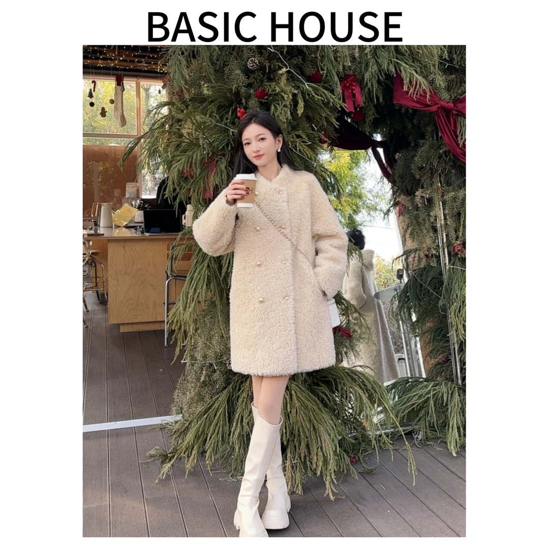 Basic House/百家好新款颗粒羊毛冬季外套高端百搭中长款大衣女C