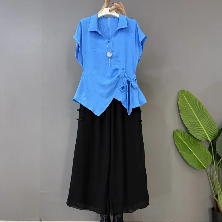 新款大码女装时尚气质不规则小翻领上衣十阔腿裤(可单拍)