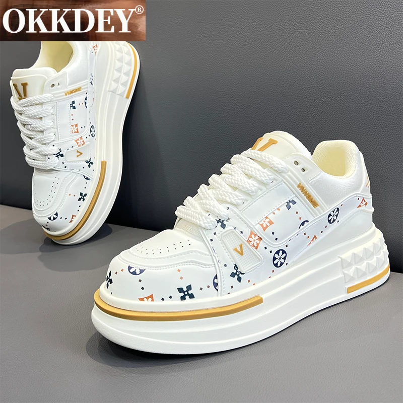 okkdey男士高档小白鞋国潮印花百搭休闲板鞋轻便厚底运动时尚潮鞋