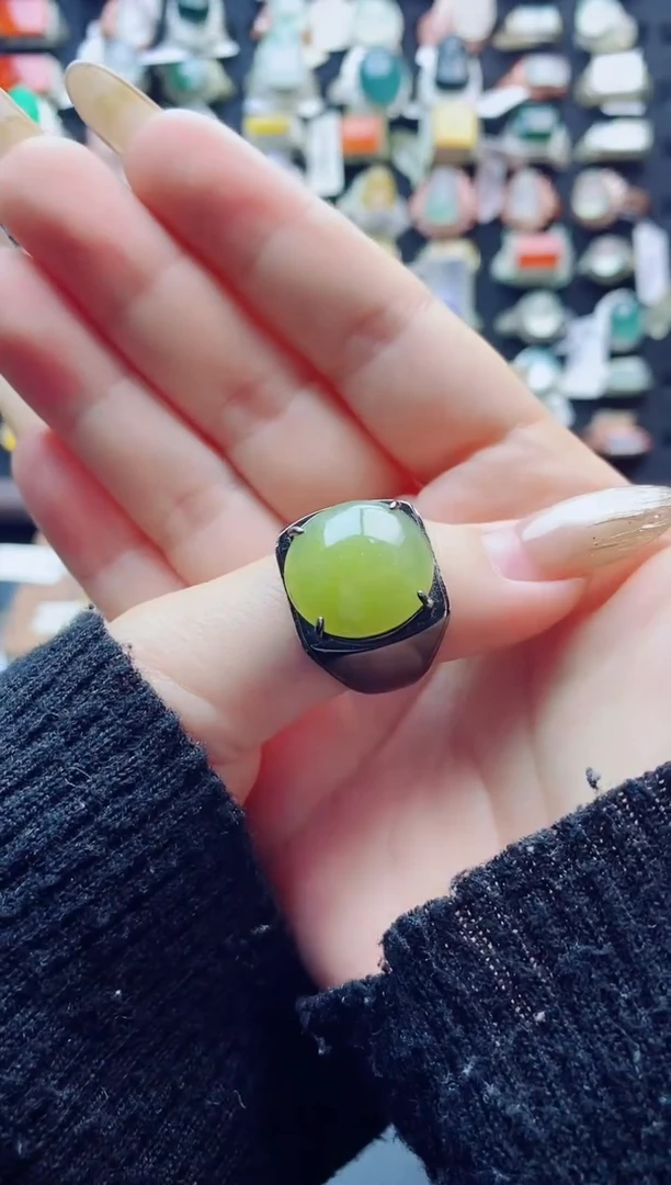 银S925镶嵌戒指翡翠张*天然翡翠A货男戒