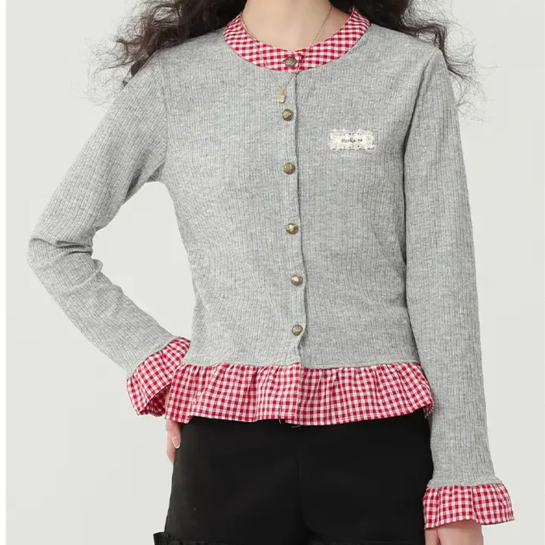 复古拼接格子假两件上衣女2025新款春季设计感毛针织衫外套